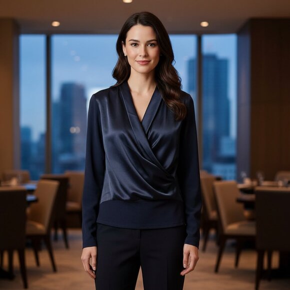 Gianetta Navy Blue Draped Front Long Sleeve Blouse | Size M - Picture 1 of 10